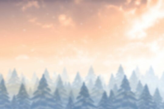 Fototapeta Showing snow-covered pine treetops fading into mist beneath pastel sunrise sky in flat design