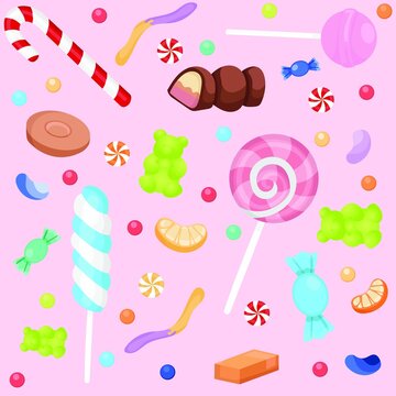 Naklejki Square image of various sweets, candies, lollipops, gummies and chocolates on pink background