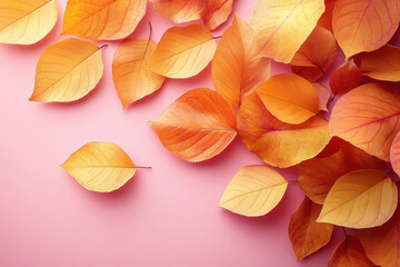 Autumn leaves arranged on pink background.