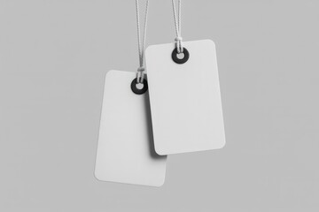 Two blank white tags hanging from strings against a light gray background in monochrome style
