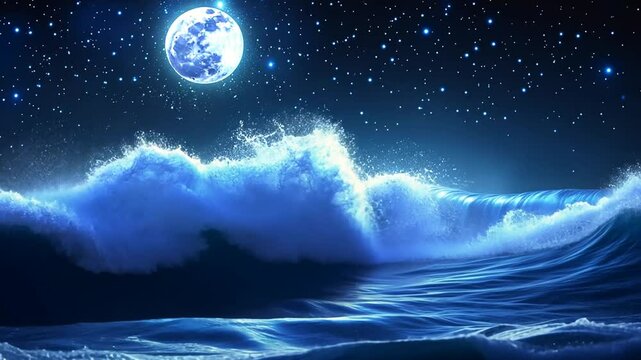 Night Waves Crashing Beneath a Full Moon