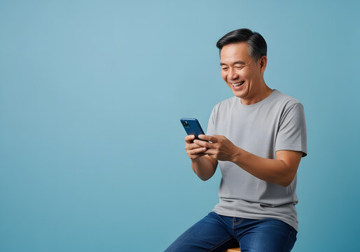 Happy mature asian man using mobile phone, browsing internet, chatting online, shopping, blue studio background - Powered by Adobe