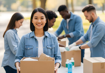 Happy young asian woman volunteer holding cardboard box, working with diverse team outdoors, social care, charity work, donation concept