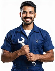 Portrait of smiling mechanic holding wrench repair service maintenance worker
