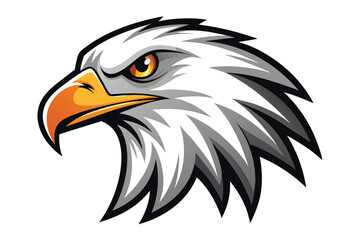 Fierce eagle head shows vibrant golden eyes and beak, depicted against white background
