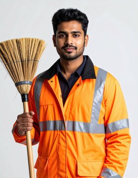 Portrait of street sweeper holding broom cleaning service worker sanitation job