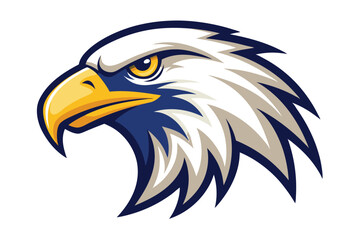 The majestic eagle head with bright yellow eye gazes intensely forward on a white background