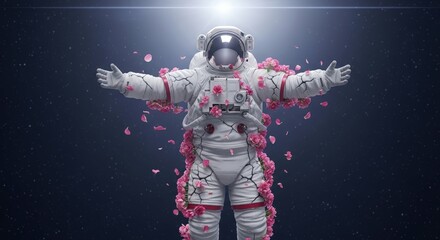 Fototapeta premium Astronaut space suit with pink flowers in galaxy cosmos universe background