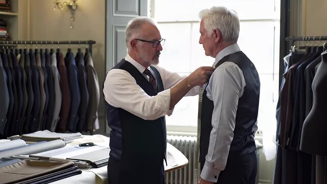 A tailor measures a client's neck in a bright, classical shop