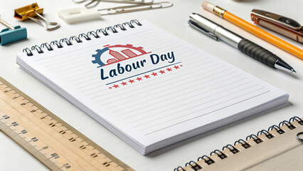 Labour day design on a notepad surrounded by pens pencils and a ruler on a white desk
