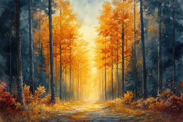 Fototapeta premium Path through a sunlit forest in a painting.
