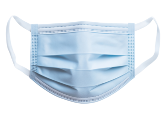 Light blue disposable medical face mask with ear loops for health protection and safety isolated on transparent background