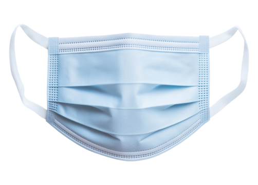 Light blue disposable medical face mask with ear loops for health protection and safety isolated on transparent background