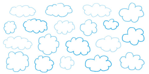 Hand drawn sky background with crayon texture clouds and pastel stars. Cute pencil style illustration in blue with brush paint elements. Child doodle sky shapes for cartoon or educational design.
