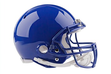 Shiny blue football helmet, profile view, classic design, white facemask, isolated on white