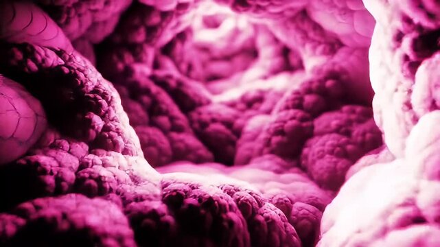 Pink tunnel with bulbous shapes, depth of field, and muted lighting