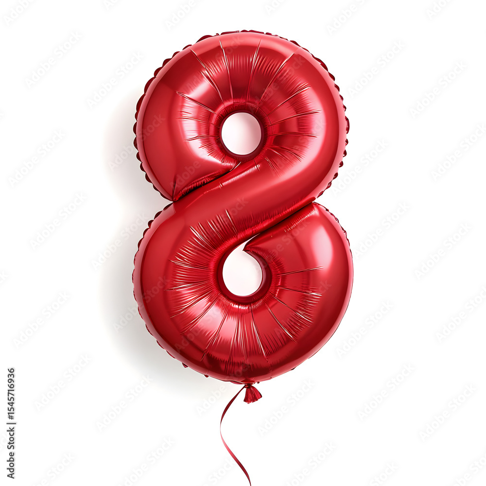 Fototapete a balloon shaped like the number 8,glossy red metallic finish with realistic reflections and smooth 