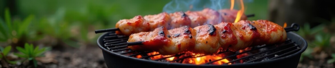 Grilled pork shashlik on makeshift campfire grill , fire, meal, skewers