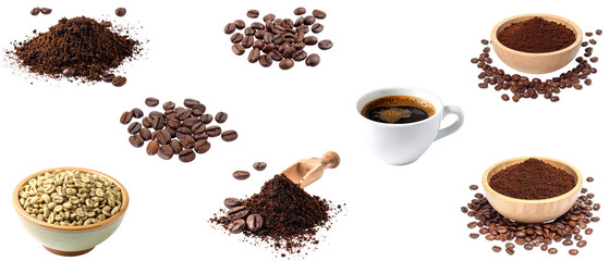 Flat composition showing the coffee cycle from raw green coffee beans, roasted coffee beans and ground coffee to a cup of brewed coffee, isolated on a transparent background.