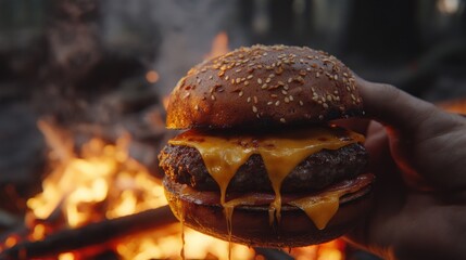 Gourmet burger prepared over campfire