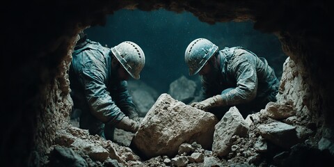 Miners Work Together to Move Large Rock in Deep Underground Tunnel with Dim Lighting