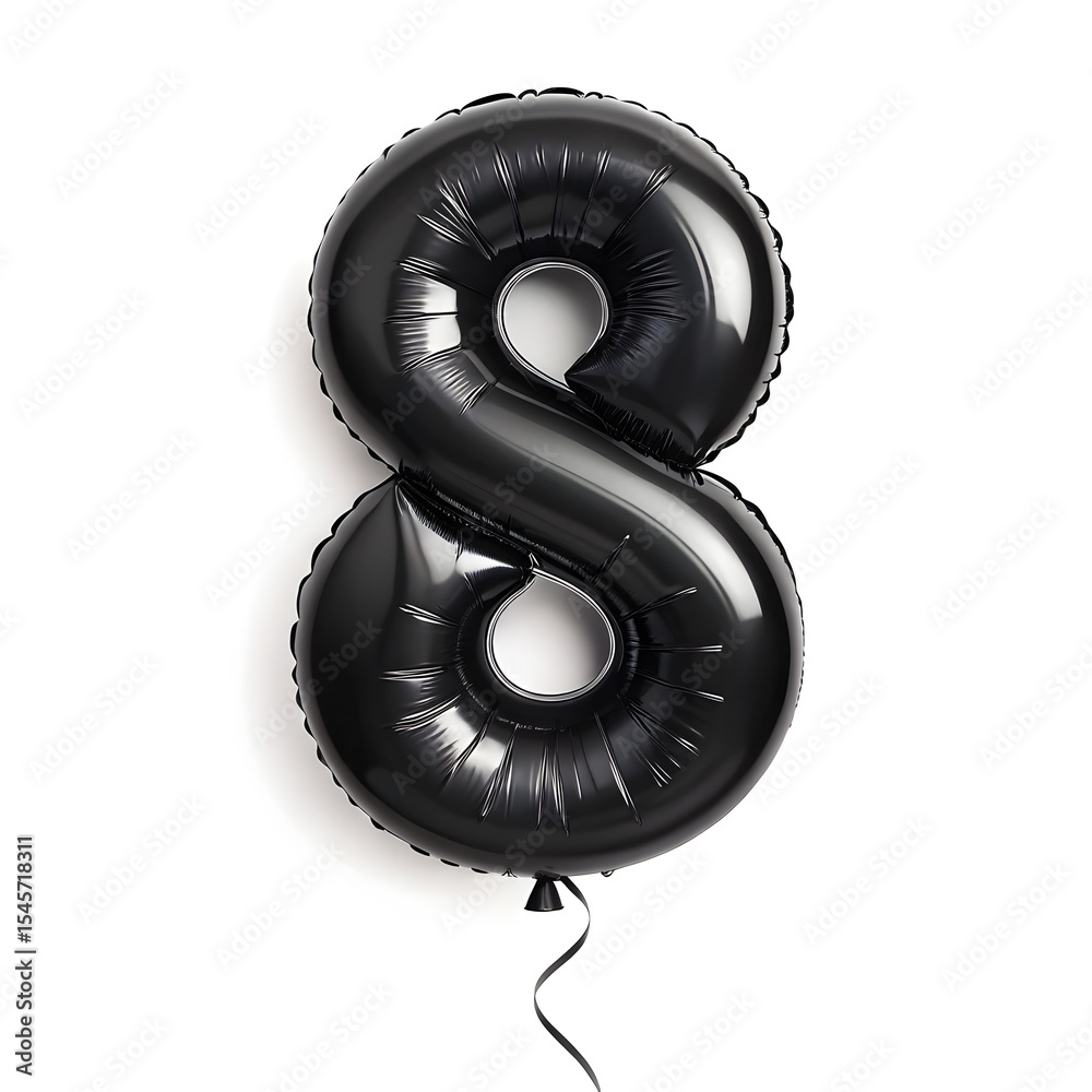 Fototapete a balloon shaped like the number 8,matte black metallic finish with realistic reflections and smooth