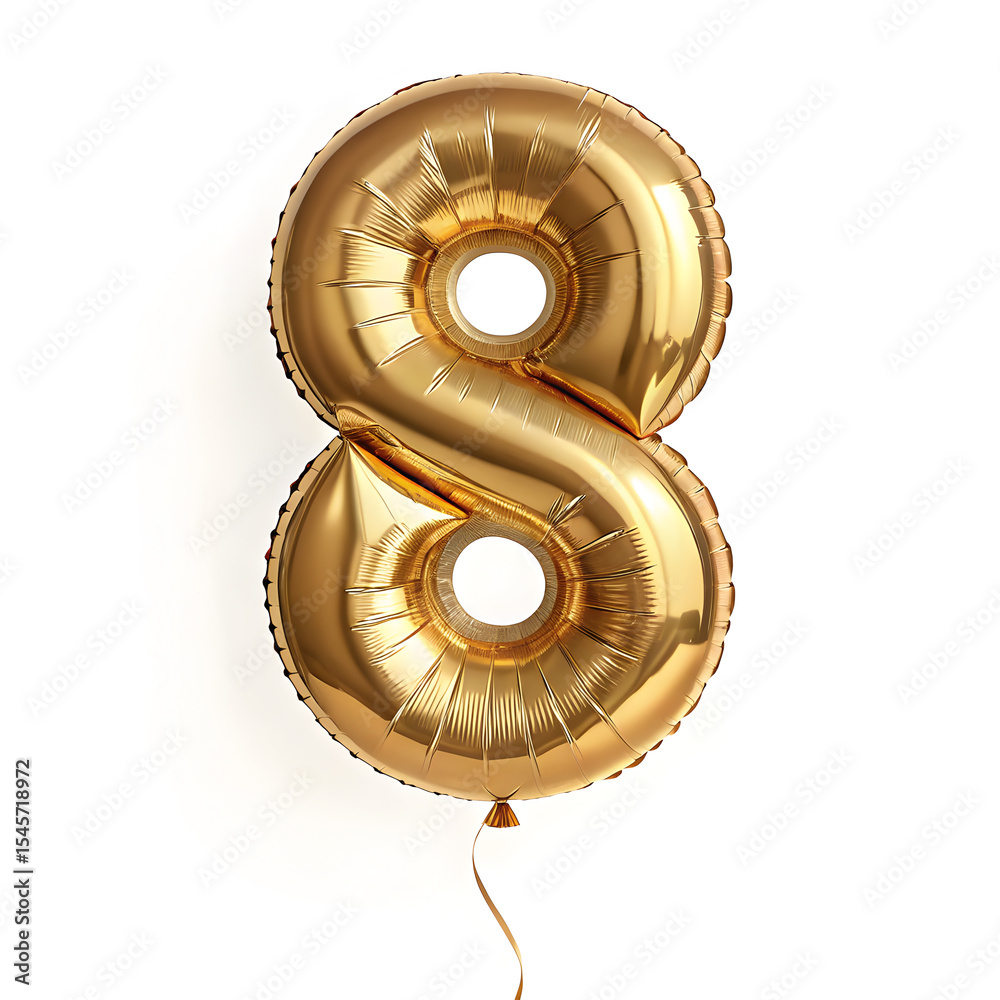 Fototapete a balloon shaped like the number 8 ,gold metallic finish with realistic reflections and smooth textu