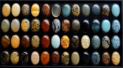 Collection of smooth polished oval stones with colorful patterns on black background. Includes round, rectangular shapes with stripes, dots, hearts. High-res, artistic.