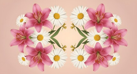 ピンク百合と白菊の対称的デザイン 柔らかな光で美しく輝く花束. AI Generated