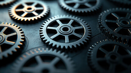 Intricate Arrangement of Metallic Gears with Shimmering Light on a Dark Background for Industrial and Mechanical Concepts