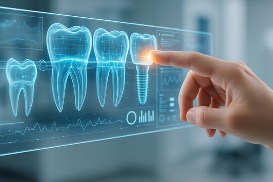 AI generated futuristic image of a human hand interacting with a glowing 3D holographic dental interface showing natural teeth and an implant with precise anatomy and medical data overlays