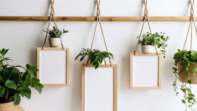 Stylish blank frames with indoor plants displayed on wooden rod with jute rope against a bright, modern wall.
