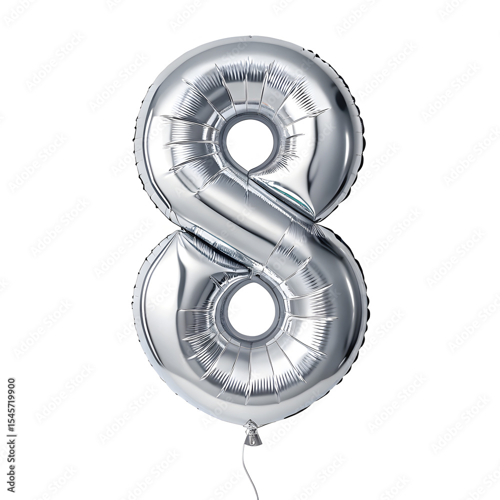 Fototapete a balloon shaped like the number 8 ,silver metallic finish with realistic reflections and smooth tex