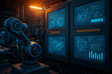 AI generated industrial robotic arm interacting with multiple digital screens in a smart factory showing data visualization blue interfaces and automation control environment