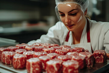 Woman butcher inspecting prepared meat cuts in a food production facility