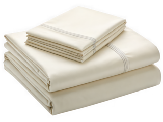 Cream-colored sheet set neatly folded, showcasing soft texture and subtle gray stripes, ideal for bedroom decor.