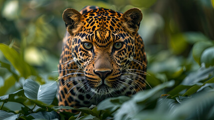 Fierce Leopard Staring Head-On in Lush Jungle