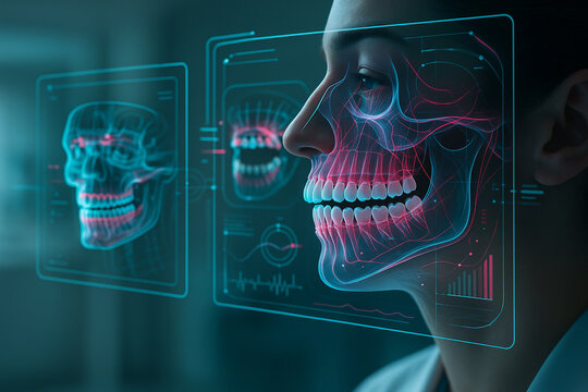 AI generated futuristic 3D dental interface shows detailed jaw and tooth structure with overlapping holographic scans and biometrics in a high tech clinical analysis environment