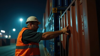Burly dockworker guiding a shipping container crane a standard 