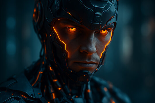 AI generated futuristic android with glowing orange eyes and high-tech facial armor in a dramatic close-up sci-fi portrait