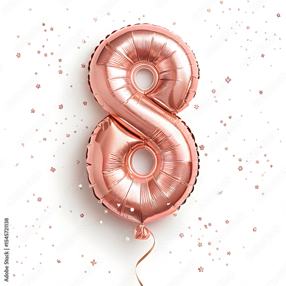 Fototapete a balloon shaped like the number 8 ,rose gold metallic finish with realistic reflections and smooth 