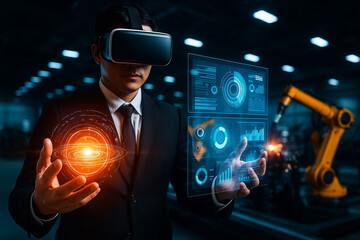 AI generated image of a man using virtual reality headset to control holographic interface in a futuristic automated factory with robotic arms in the background