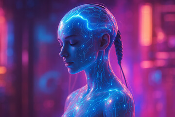 AI generated portrait of a feminine humanoid android with glowing blue circuits and closed eyes set against a soft neon futuristic background