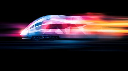 Fast train, night travel, speed, motion blur, polygonal design, dark background, transportation, advertising