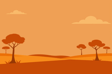 Fototapeta premium Sunset Savannah Orange Hues and Silhouette Trees in African Landscape Illustration