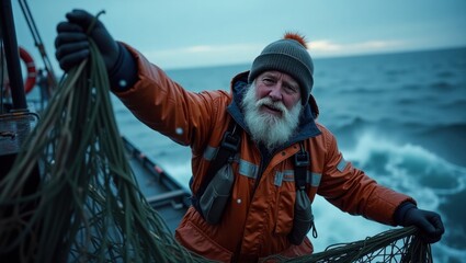 Obraz premium fisherman in a boat, fisherman in a fishing net, fisherman in a fishing boat, santa claus on a boat