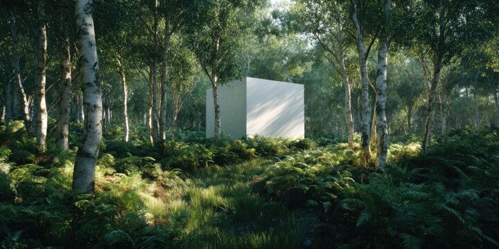 A sunlit, verdant forest clearing houses a solitary, off-white cube structure amidst lush ferns and birch trees