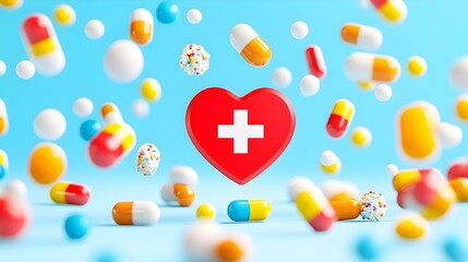 Fototapeta premium Heart, cross, pills, blue background, healthcare