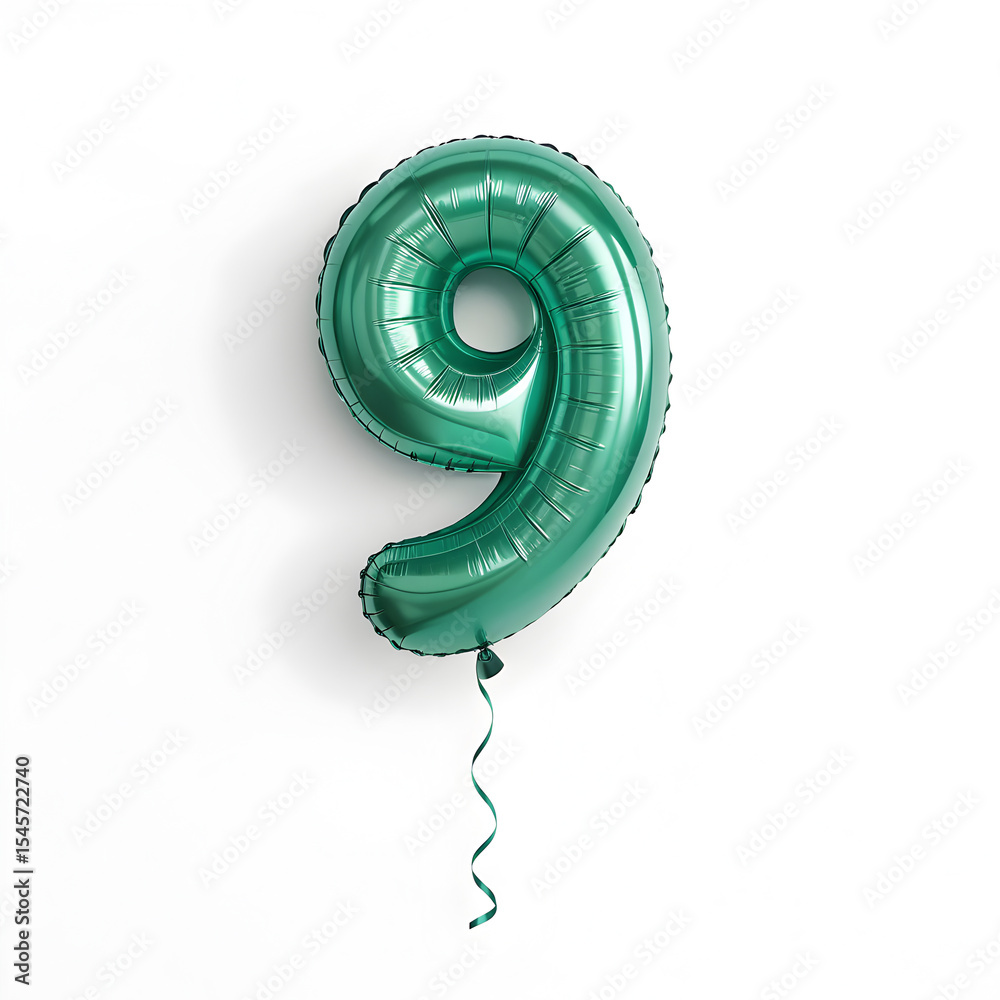 Fototapete a balloon shaped like the number 9,emerald green metallic finish with realistic reflections and smoo