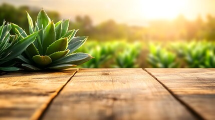 Agave plant on wooden table, sunset field background